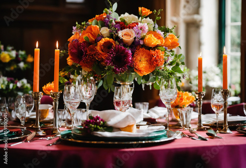 Luxurious A formal wedding breakfast table, laid for a feast, Fresh flowers