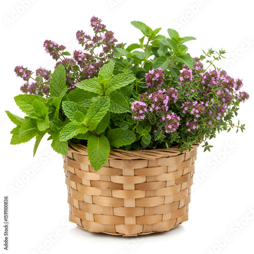 Fresh herbs in a beautiful wicker  basket on white background