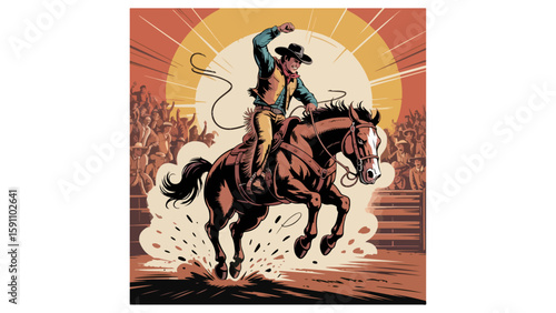 Vintage Rodeo Poster – Cowboy Riding Bucking Bronco in Action

