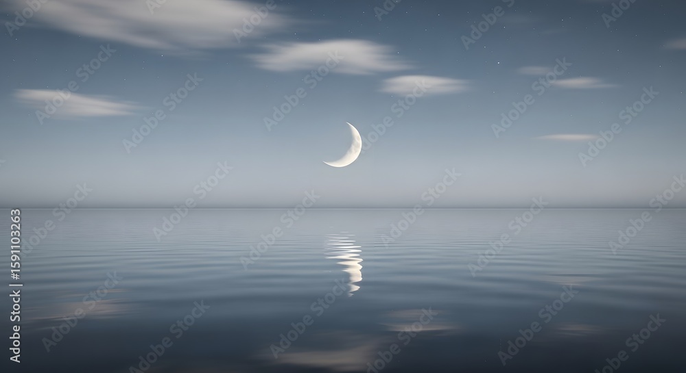 Fototapeta premium Serene crescent moon reflected in calm ocean waters under a vast sky with scattered clouds, evoking a sense of peace and cosmic wonder
