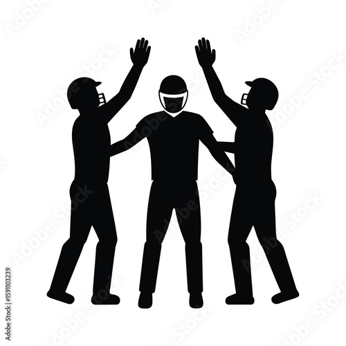 Three sports players in a joyful team huddle celebrating a successful wicket