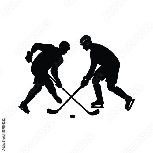 Dynamic illustration of two hockey players in a tense face off with bent knees
