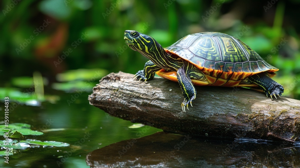 Obraz premium Ornate turtle resting on a log in a tranquil pond.