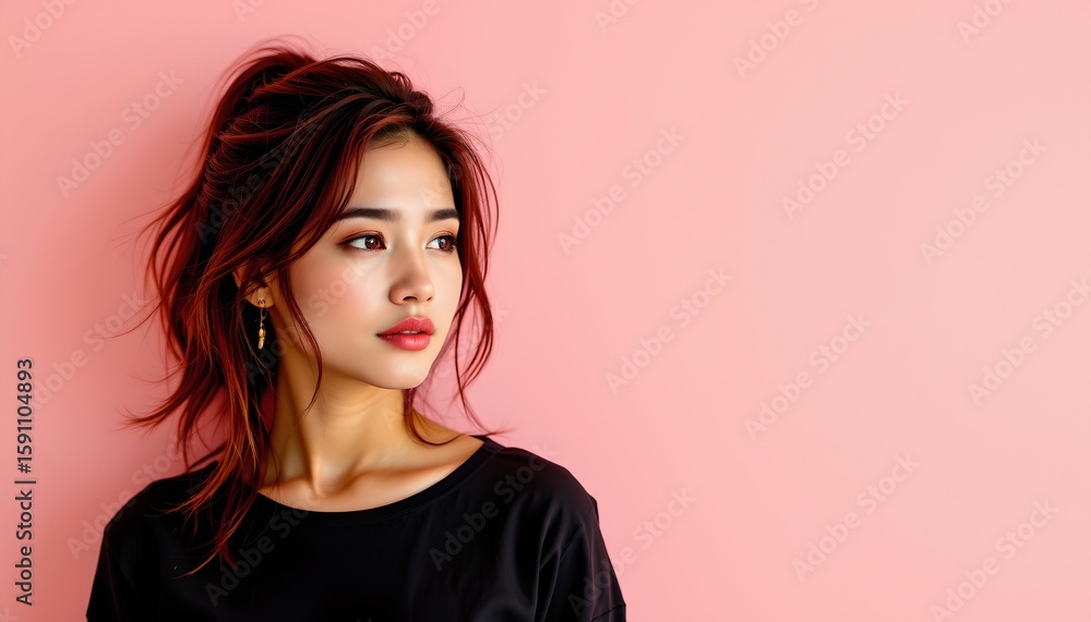Fototapeta premium a person standing against a pink background. they appear to be a young woman with dark hair styled in waves. she is wearing what seems to be a black top and has a neutral expression on her face