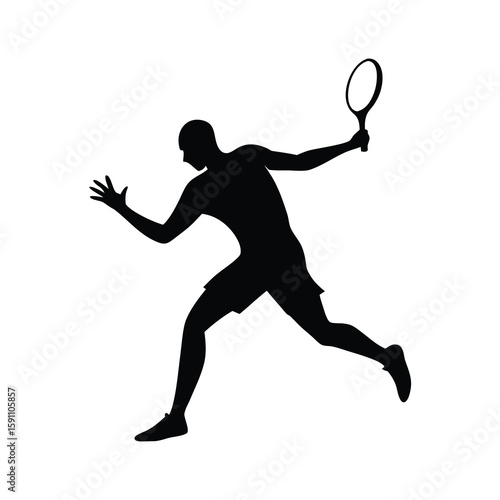 Dynamic black silhouette of a tennis player executing a powerful forehand stroke