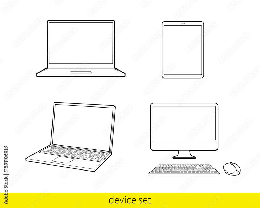 パソコンとタブレットの線画イラストセット パソコンとタブレットの線画イラストセット