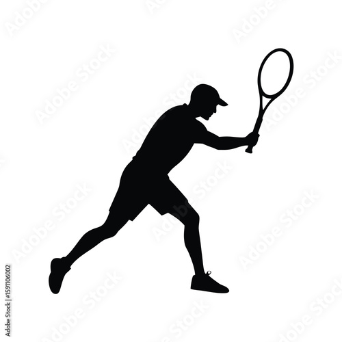 Dynamic black silhouette of a tennis player in action ready to strike a powerful shot