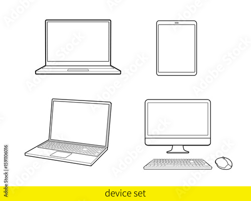 パソコンとタブレットの線画イラストセット