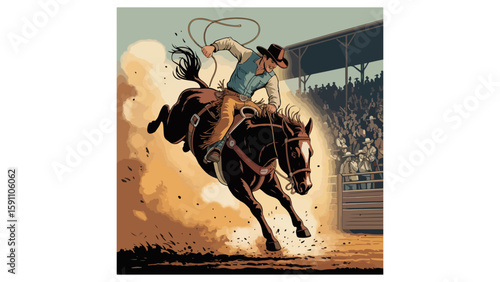 Vintage Rodeo Poster – Cowboy Riding Bucking Bronco in Action

