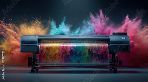 A large-format printer produces a vivid, multicolored print with vibrant clouds of powder pigment exploding in the background.