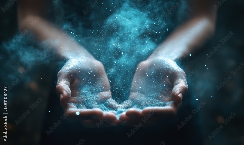 Fototapeta premium Praying hands, symbolizing faith, religion, and devotion, with a magical powder effect floating above the hands, representing hope and love, Generative AI