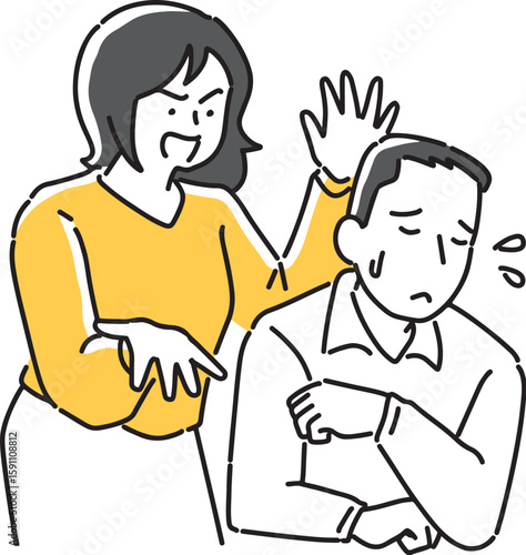 男性の後ろから文句を言う女性