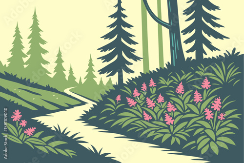 Alaskan fireweed thriving along a winding forest trail with spruce trees in the background and dappled sunlight falling on the ground,