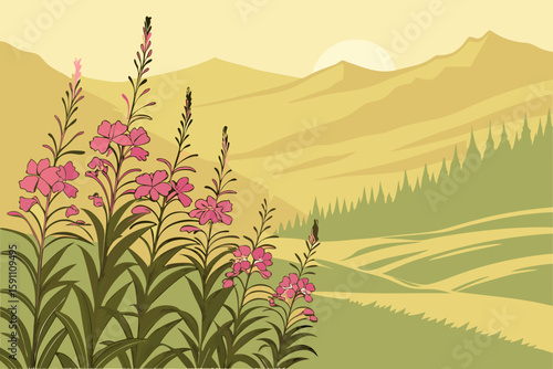 A vibrant field of blooming Alaskan fireweed stretches toward the horizon under a soft golden sunrise, petals glowing in morning mist