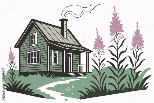 Fireweed framing a rustic Alaskan cabin with smoke curling from the chimney and tall blooms brushing the windowsills
