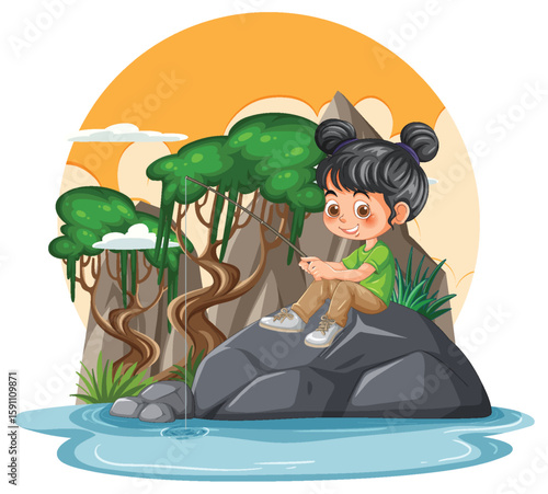 Happy Girl Fishing by the River