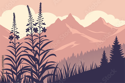 Moody twilight scene with Alaskan fireweed in the foreground and distant mountains silhouetted under a fading pink-orange sky