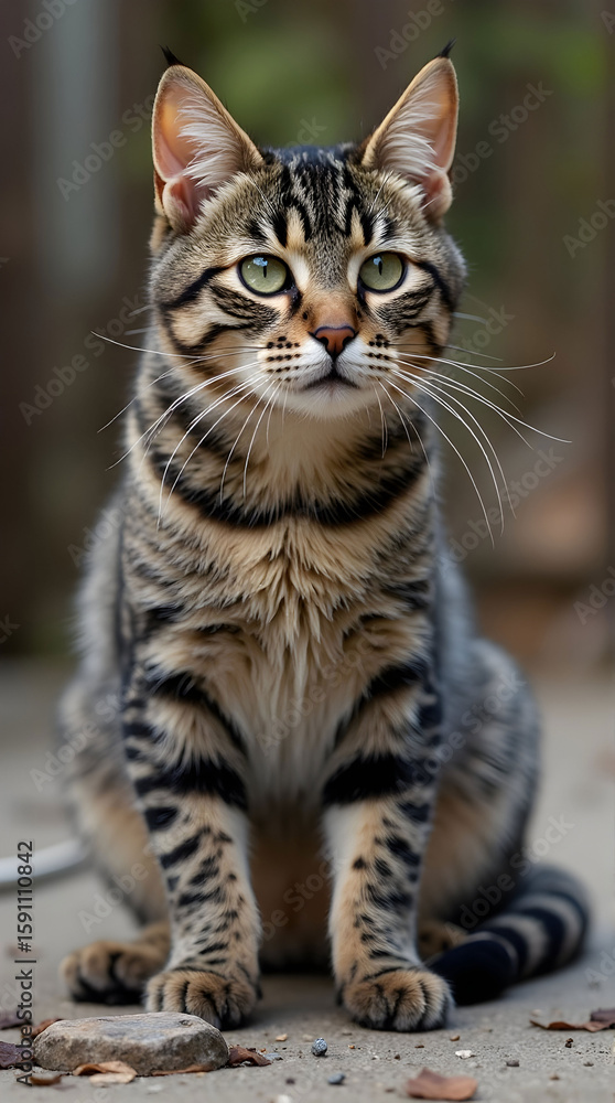 Striped mixed-breed cat sitting Striped mixed-breed cat sitting