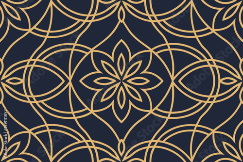 Golden geometric floral pattern dark blue