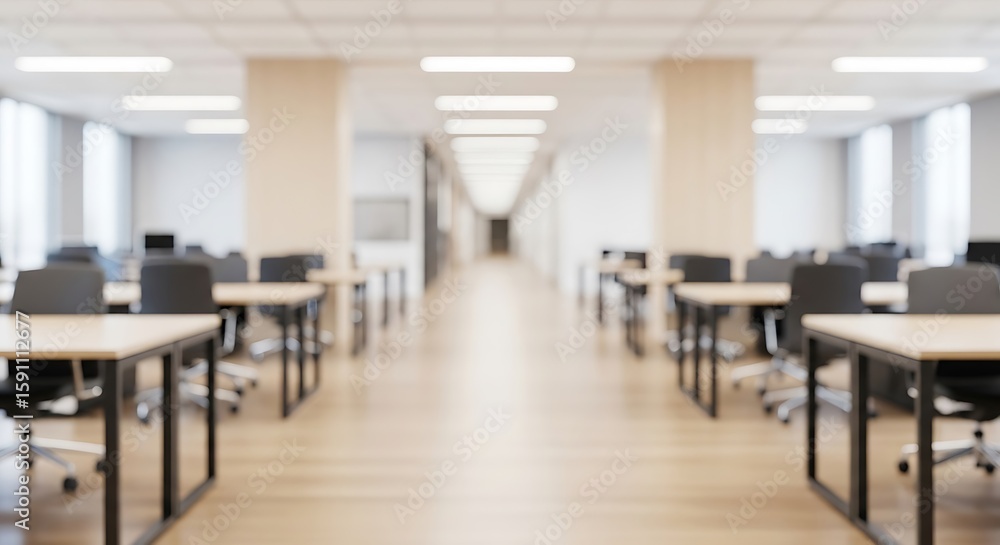 Fototapeta premium Blurred office space with rows of desks and chairs illustrating modern design and work environment