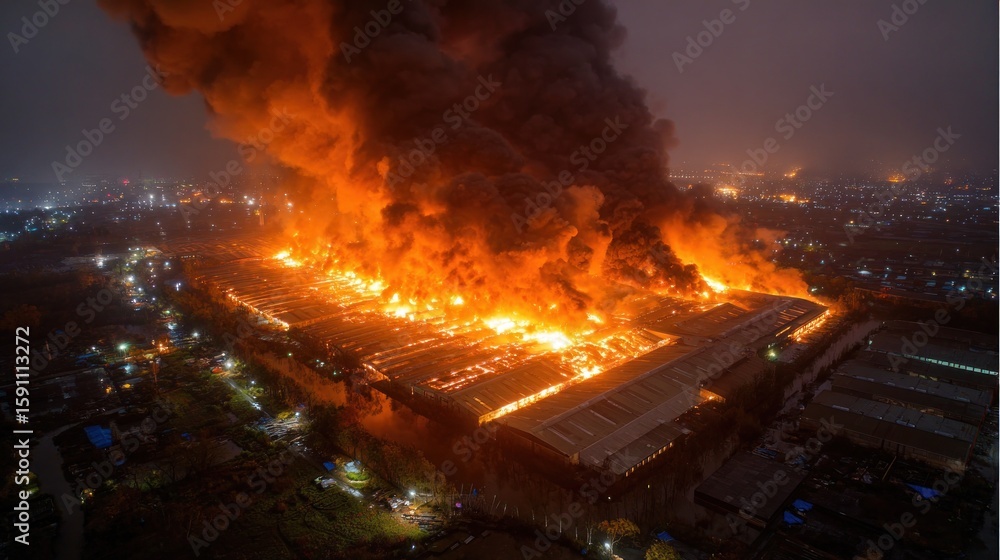 Fototapeta premium Industrial complex fire at night