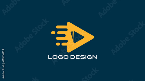 Creative play icon logo design with triangle arrow and digital style in golden color on blue background, perfect for media companies, streaming platforms, or video apps