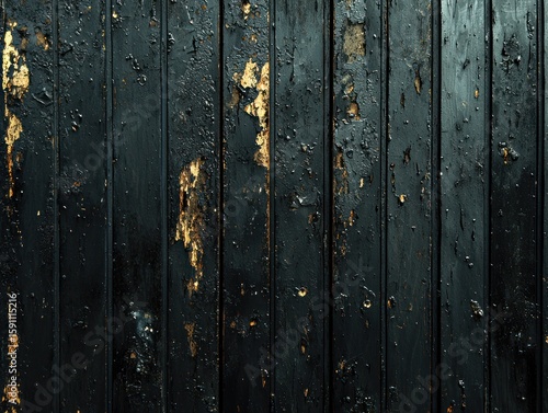 Dark weathered wooden planks with peeling black paint and gold flakes.