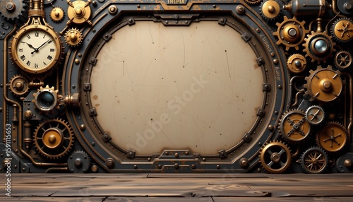 an intricate steampunk style machine with gears and pendulums in various hues of gold, brass, and copper. this elaborate contraption is placed on a wooden table against a dark backdrop