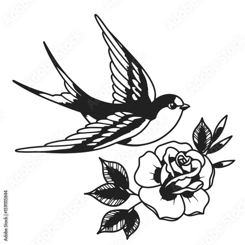 Swallow, Rose, and Branch Tattoo design ink monochrome vector illustration
