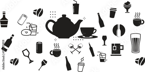 Hot drinks and beverages silhouette icon set – solid style coffee, tea, and refreshment symbols for menu design: teacup, iced drink, cappuccino, smoothie, latte, soda.