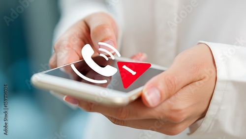 Hands holding a smartphone displaying an emergency call alert