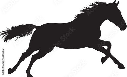 A black silhouette of a horse in motion against a pure white background.