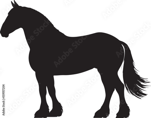 A black silhouette of a standing horse against a pure white background.