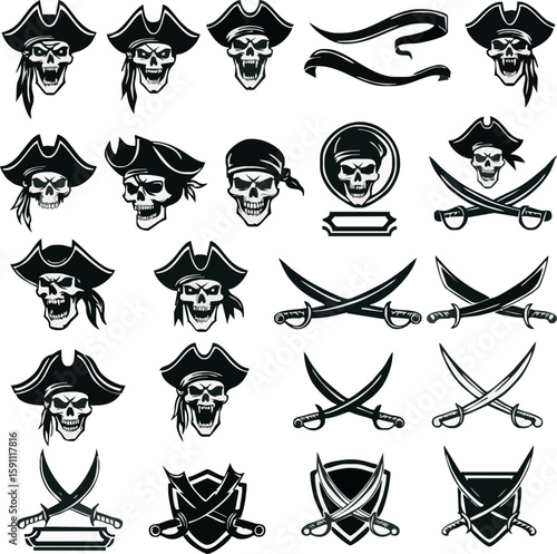 Collection of pirate themed skull graphics with hats, bandanas, swords and decorative elements.