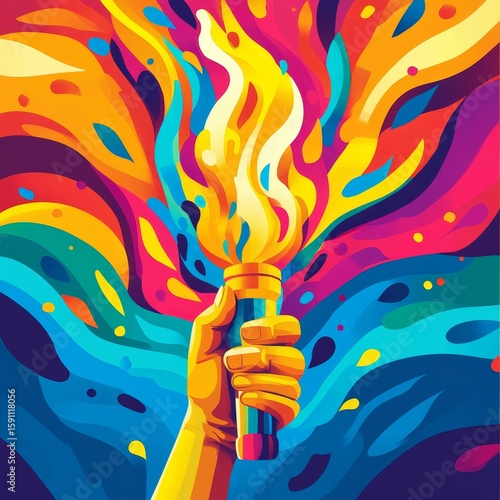 Olympic torch held by a hand in a bright, colorful illustration, symbolizing the celebration and spirit of the Olympic Games, Generative AI