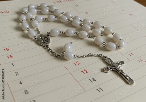 White rosary beads and crucifix resting on a lined paper with numbers