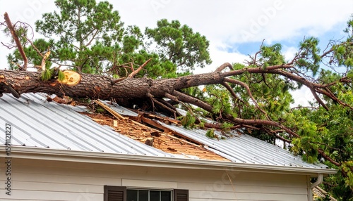 Fallen tree on damaged house roof