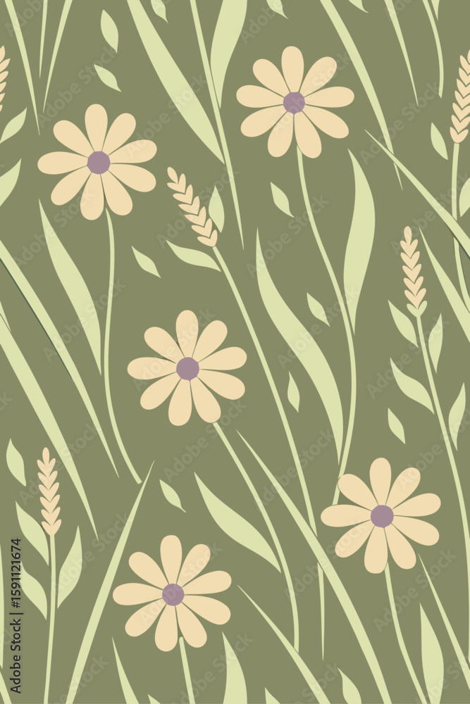 Obraz premium Pale yellow daisies and green grass flowers