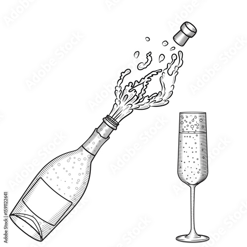 Bottle of opening and exploding champagne with glass vector hand drawn sketch style illustration. Line art of festive sparkling alcoholic drink. Retro engraving for bar and menu.