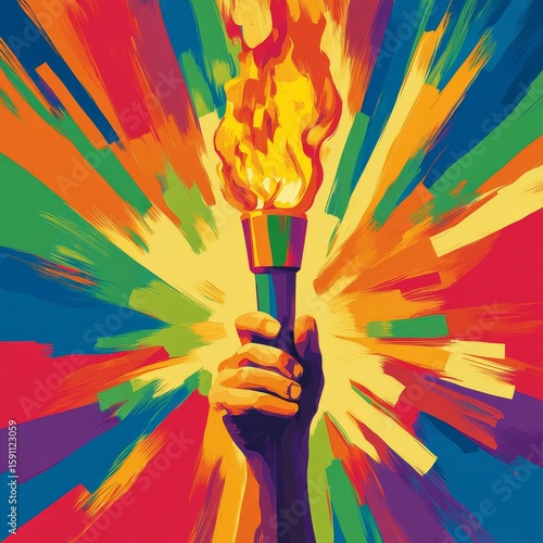 Hand holding the Olympic torch in a colorful, bright illustration, representing the Olympic Games and the celebration of sportsmanship and global unity, Generative AI