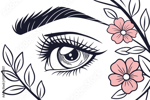 A zoomed-in view of expressive eyes with naturally thick, untamed brows and long lashes, surrounded by floral accents in modern flat illustration style.
