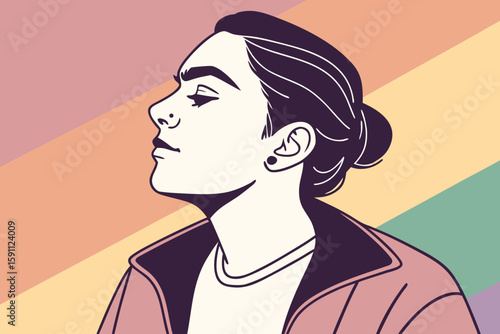 A confident non-binary individual with thick, groomed eyebrows and a septum piercing, against a gradient color background in modern flat illustration style.