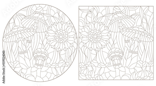 Set of contour illustrations in the style of a stained glass window with mushrooms and sunflowers, dark outlines on a white background