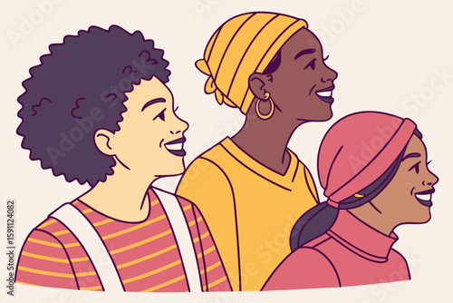A group of diverse friends each showcasing their own thick eyebrow styles—arched, straight, and bushy—smiling in modern flat illustration style.