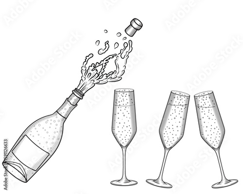 Open and exploding champagne bottle and glasses vector hand drawn sketch style illustration. Sparkling festive wine with glasses being clink set line art. Retro engraving of alcoholic drink.