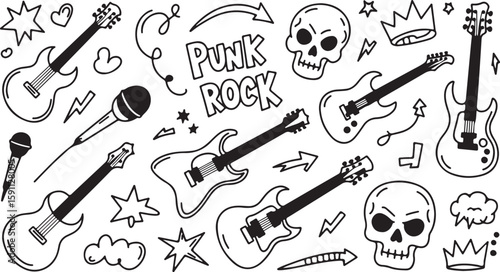 Musical instruments set vector illustration with guitars, drums, and other hand-drawn rock and jazz elements
