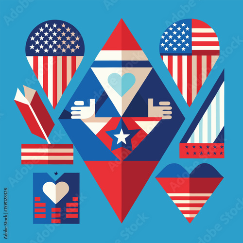 A patriotic vector illustration for 4th of July Independence Day, featuring the USA flag with red, white, and blue stars and stripes, a national symbol of American freedom
