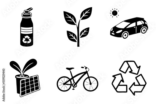 Icons for ecofriendly living, including electric cars and recycling