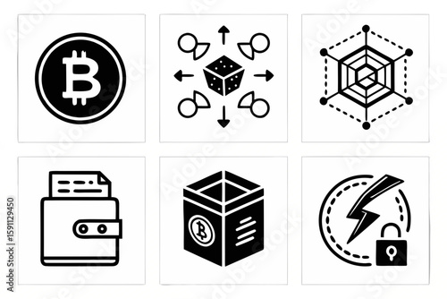 Bitcoin and blockchain technology icons for digital finance