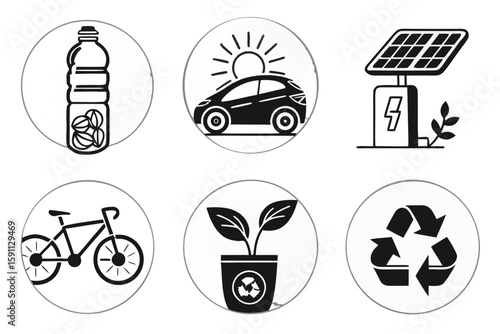 Icons for ecofriendly living, including electric cars and recycling